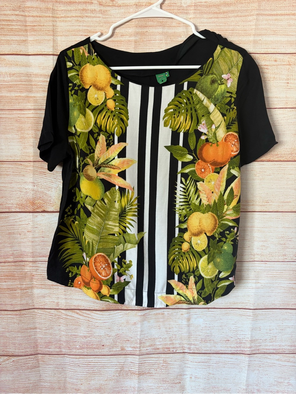 Farm Rio Tropical Stripe Print Women's Top - Black with Green & Orange Floral
